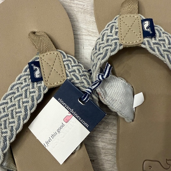 NWT Vineyard Vines Tan Blue Braided Strap Sandals Flip Flop 3 - Picture 3 of 4